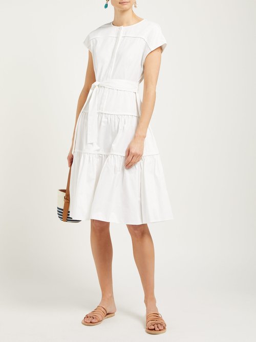 Love Binetti Simple Minds Tie-waist Tiered Cotton Dress White - 70% Off Sale