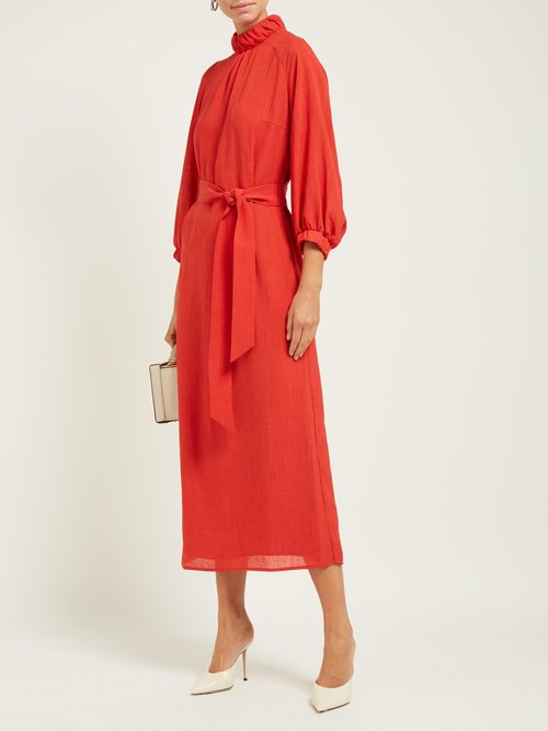 Cefinn Tie-waist Gathered Voile Midi Dress Red - 70% Off Sale