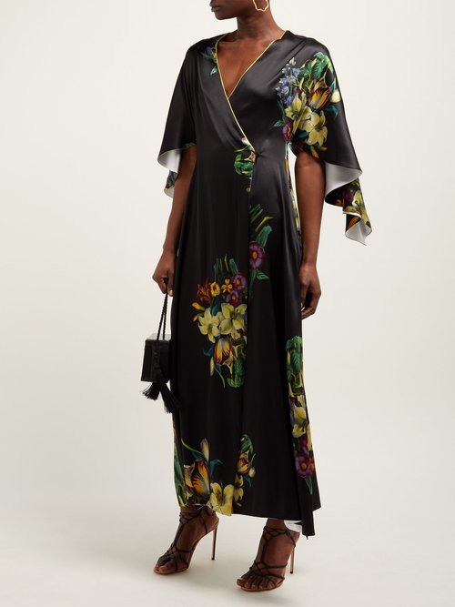 Adriana Iglesias Floral-print Silk-blend Robe Dress Black White - 70% Off Sale