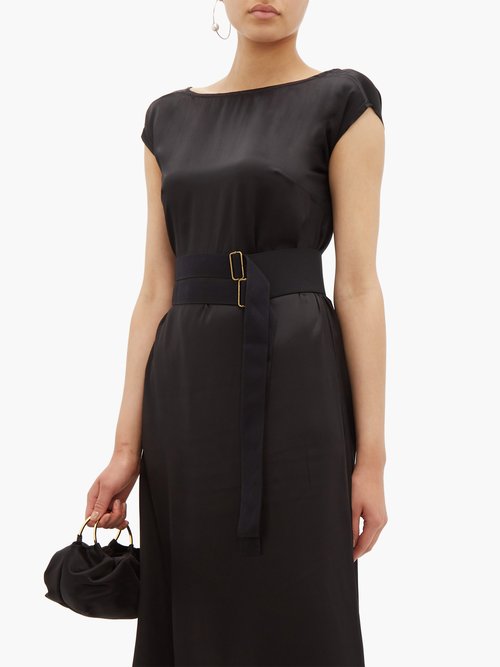 Albus Lumen Inez Boat-neck Belted Silk-satin Dress Black - 70% Off Sale