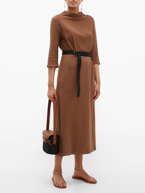 Albus Lumen Taza Belted Cotton-blend Dress Brown - 70% Off Sale