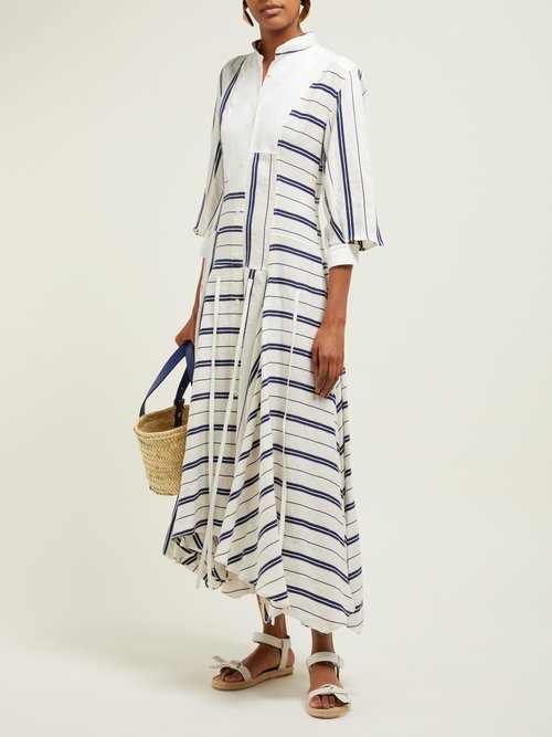 Buy Loewe Handkerchief-hem Striped Linen-blend Midi Dress White Navy online - shop best Loewe clothing sales
