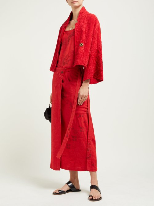 By Walid Shirley 20th-century Embroidered Linen Dress Red - 70% Off Sale