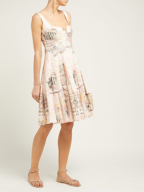Emilia Wickstead Claretta Italy-print Pleated Linen Dress Pink Print - 70% Off Sale