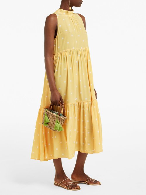Asceno Polka-dot Tiered Silk-crepe Midi Dress Yellow - 70% Off Sale