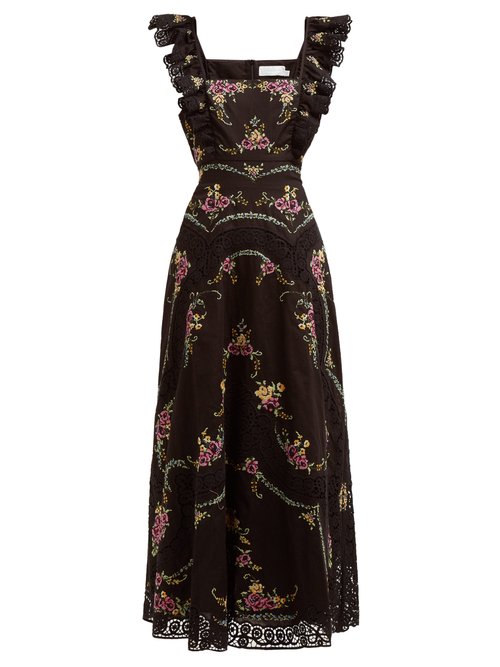 Zimmermann Allia Floral Cross Stitch Linen Blend Midi Dress In Black ...