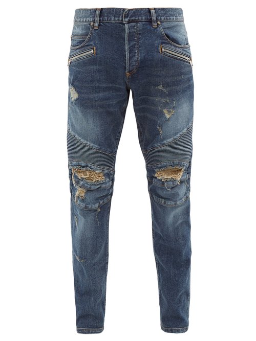 Balmain Distressed Straight Leg Biker Jeans In Blue | ModeSens