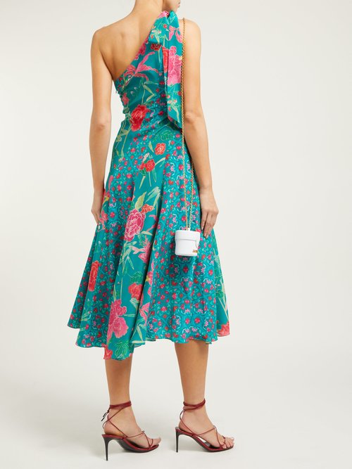 Beulah Bipasha One-shoulder Floral-print Silk Dress Green Multi - 70% Off Sale