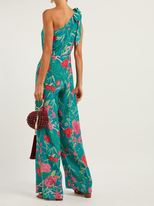 Beulah Devanee Asymmetric Floral-print Silk Jumpsuit Green Multi