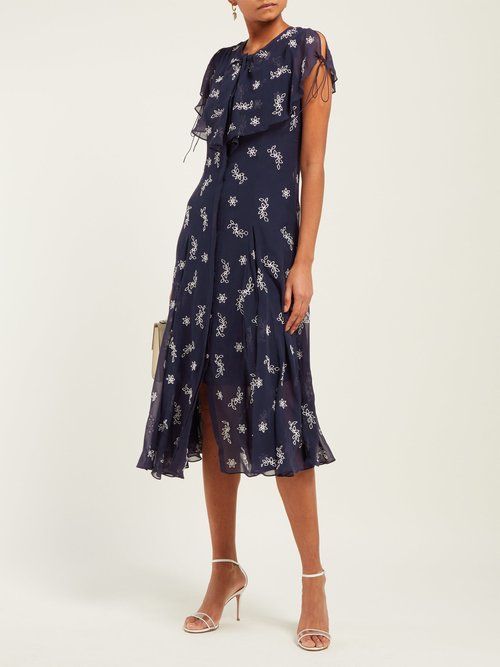 Beulah Asmi Floral Broderie Anglaise Silk Midi Dress Navy White - 70% Off Sale
