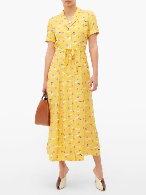 HVN Long Maria Seagull-print Silk Dress Yellow - 70% Off Sale