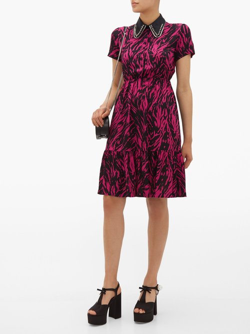 No. 21 Embellished-collar Zebra-print Dress Fuchsia - 70% Off Sale