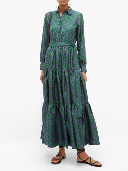 La DoubleJ Bellini Tiered Silk-twill Shirtdress Green - 70% Off Sale