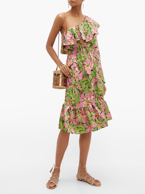 La DoubleJ Boogie Floral-print Ruffle One-shoulder Silk Dress Green Multi - 70% Off Sale