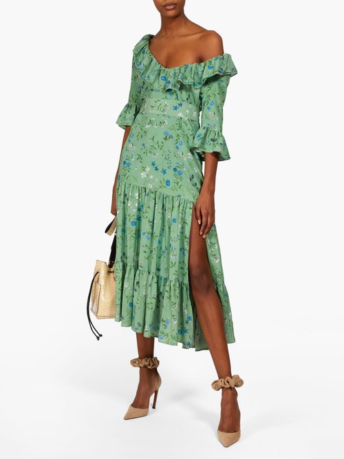 Altuzarra Helden Tiered Floral-print Silk Midi Dress Green Print - 70% Off Sale