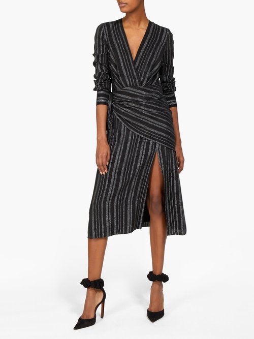 Altuzarra Sade Metallic-striped Silk-blend Crepe Wrap Dress Black - 70% Off Sale