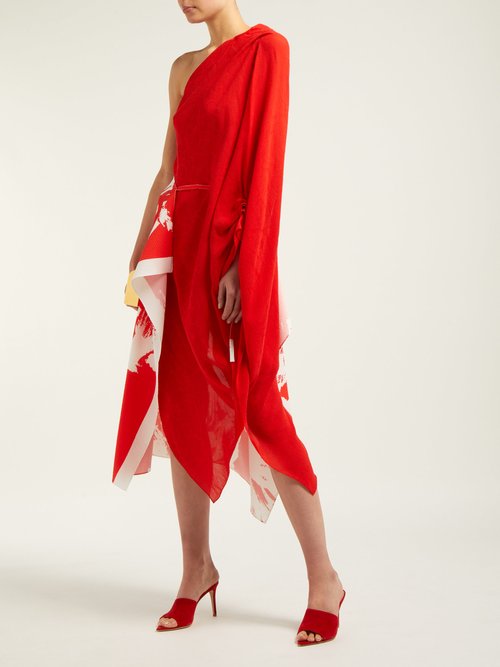Roland Mouret Graham One-shoulder Plissé-crepe Dress Red White - 70% Off Sale