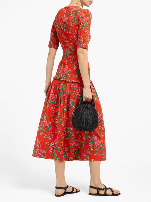 Rhode Zola Shirred Floral-print Cotton Midi Dress Red Print - 70% Off Sale