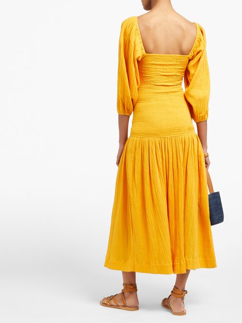 Rhode Harper Shirred Cotton-gauze Midi Dress Yellow - 70% Off Sale
