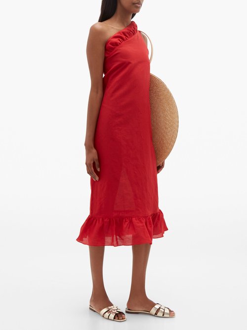 Adriana Degreas Bacio One-shoulder Linen-blend Midi Dress Red - 70% Off Sale