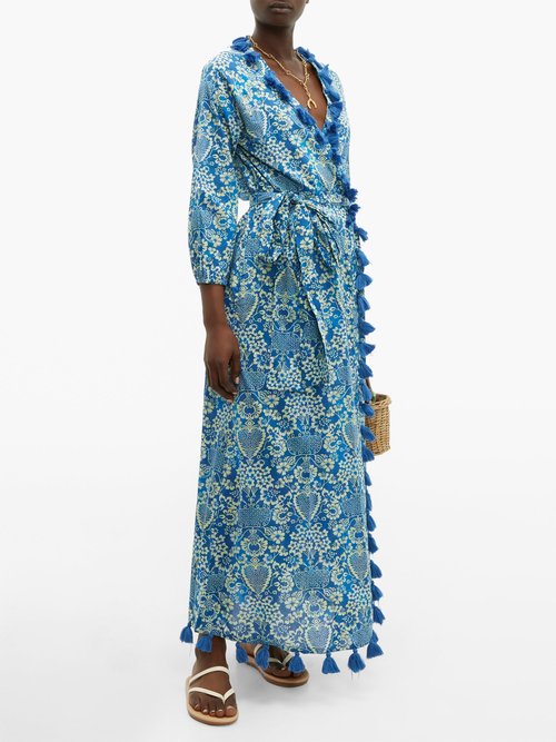 Rhode Lena Tassel-trimmed Floral-print Cotton Dress Blue Print - 70% Off Sale