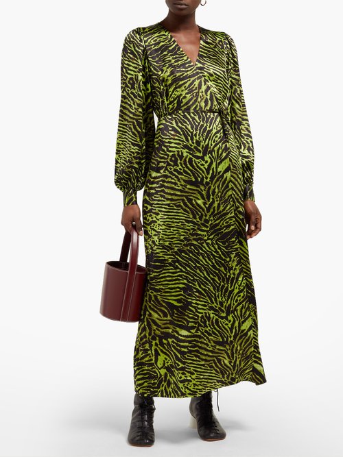Ganni Tiger-print Silk-blend Satin Wrap Dress Black Green - 70% Off Sale