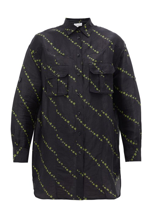 Ganni Micro Floral-Print Linen-Blend Shirtdress In Black Multi | ModeSens