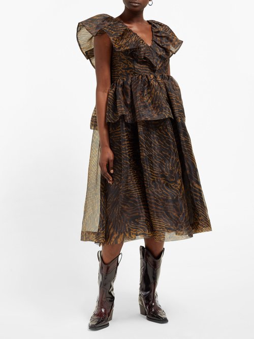 Ganni Tiger-print Ruffled Organza Dress Brown - 70% Off Sale