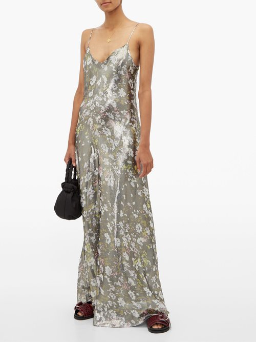 Ganni Metallic Floral-print Slip Dress Silver - 70% Off Sale