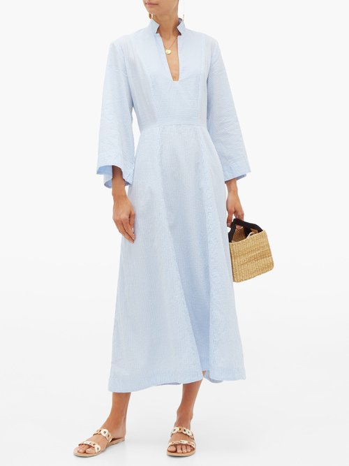 Wiggy Kit Summer Cottage Cotton-seersucker Midi Dress Blue Multi - 70% Off Sale