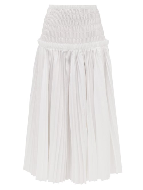 Khaite Rosa Pleated Cotton Poplin Midi Skirt In White | ModeSens