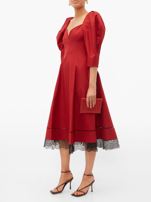 Khaite Dina Puff-sleeve Cotton Midi Dress Dark Red - 70% Off Sale