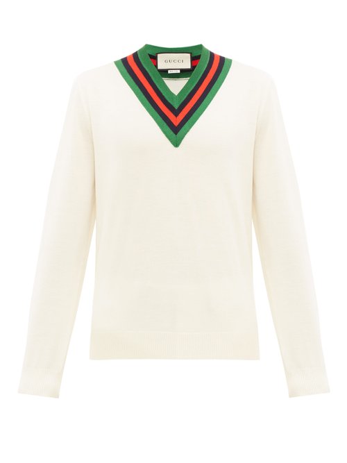Gucci – Web-stripe V-neck Wool Sweater – Mens – White