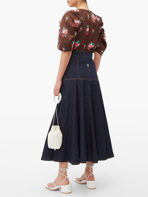MSGM Floral-jacquard Gathered-sleeve Blouse Brown Multi - 70% Off Sale