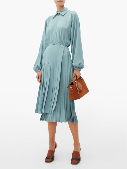Fendi Asymmetric Pleated Satin Dress Blue