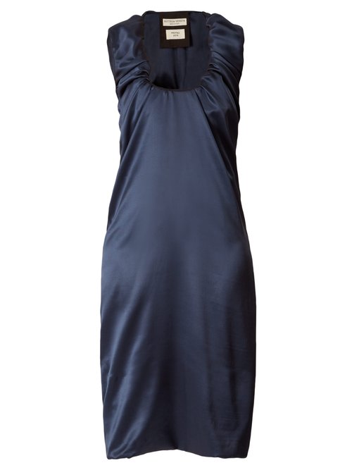 Buy Bottega Veneta - Gathered Scoop-neck Satin Midi Dress Dark Blue online - shop best Bottega Veneta clothing sales