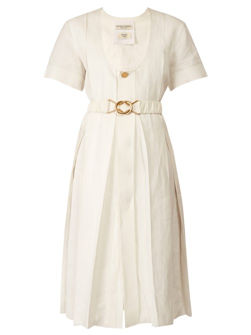 Buy Bottega Veneta - Belted Pleated Midi Dress White online - shop best Bottega Veneta clothing sales