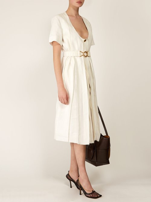 Bottega Veneta Belted Pleated Midi Dress White