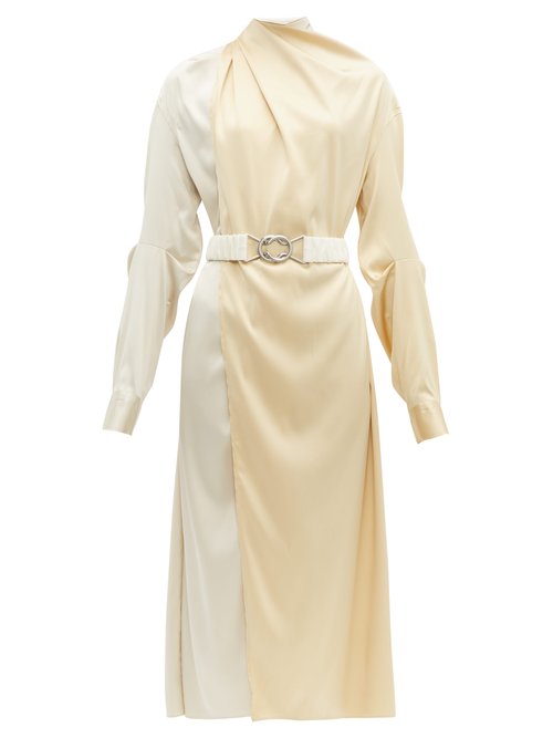 Bottega Veneta - Draped Two-tone Belted Silk-satin Dress Cream Multi