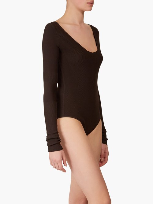 Bottega Veneta - Long-sleeved Ribbed-knit Jersey Bodysuit Dark Brown