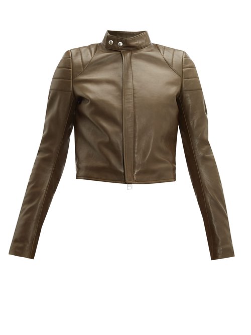 Bottega Veneta - Cropped Leather Biker Jacket Khaki