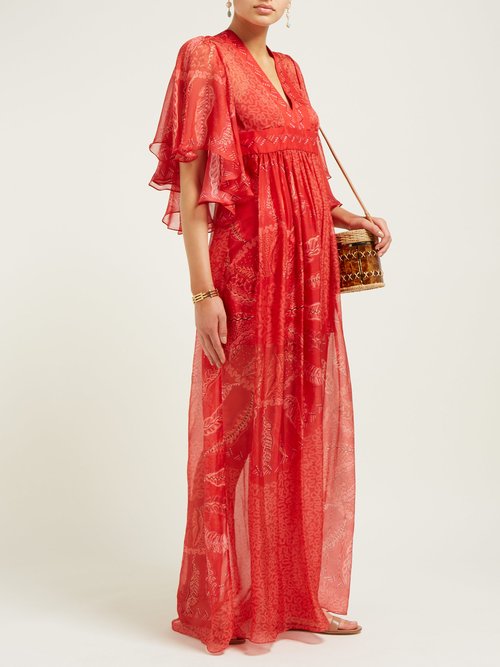 Three Graces London X Zandra Rhodes Gabrielle Silk Maxi Dress Red Multi - 70% Off Sale