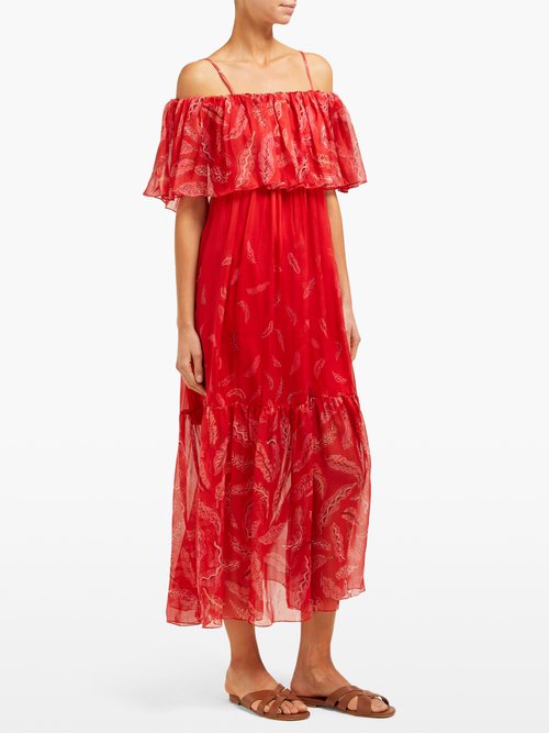 Three Graces London X Zandra Rhodes Diana Off-the-shoulder Silk Dress Red Multi - 70% Off Sale