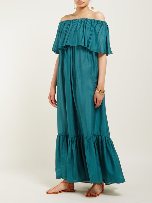 Kalita La Fontelina Tiered Silk Maxi Dress Green - 70% Off Sale