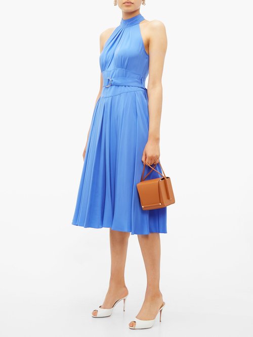 Buy Diane Von Furstenberg Nicola High-neck Belted Silk Dress Blue online - shop best Diane Von Furstenberg clothing sales