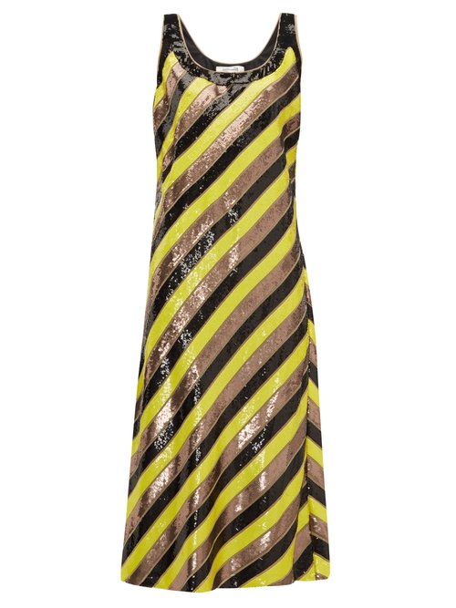 Buy Diane Von Furstenberg - Luisa Scoop-neck Sequin-striped Silk Midi Dress Yellow online - shop best Diane Von Furstenberg clothing sales