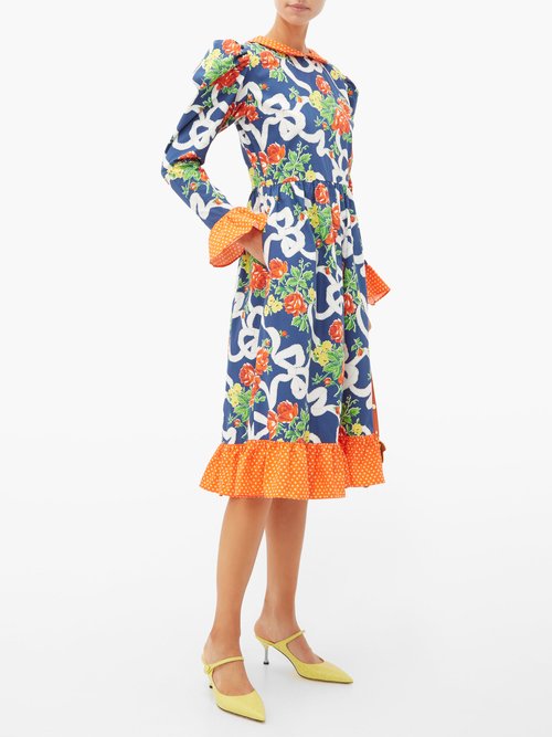 Batsheva Prairie Floral-print Cotton Midi Dress Navy Multi - 70% Off Sale