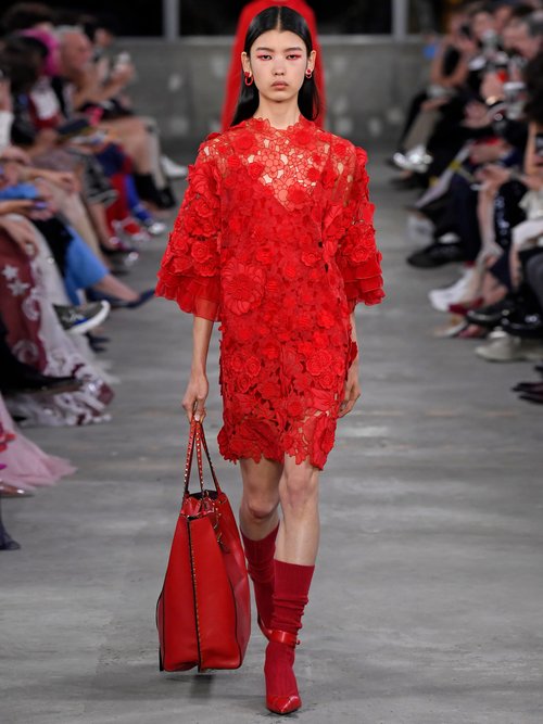 Valentino Guipure Floral Appliqué & Mesh Mini Dress Red - 50% Off Sale