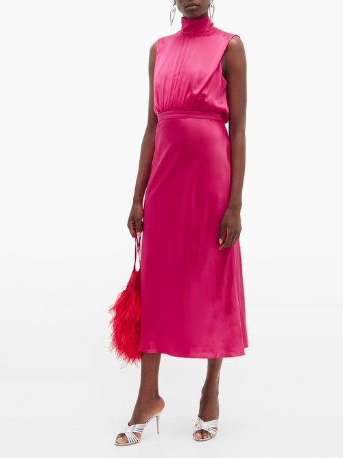 Saloni Fleur High-neck Silk-satin Midi Dress Pink - 70% Off Sale