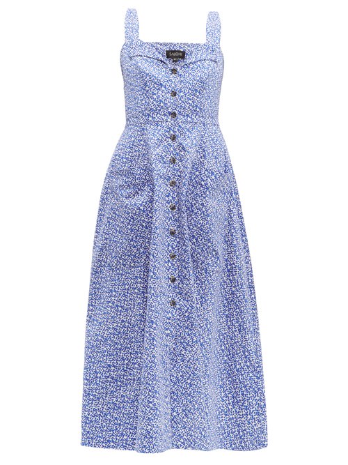 Saloni Fara Printed Cotton-Blend Dress In Blue Multi | ModeSens